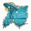 A tattoo of a UFO abduction beam shining down on a scarecrow in a farm field tattoo design idea