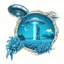 A tattoo of a UFO abduction beam shining down on a scarecrow in a farm field tattoo design idea