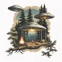 A UFO hovering over a serene forest scene, with a campfire below tattoo design idea