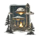 A UFO hovering over a serene forest scene, with a campfire below tattoo design idea