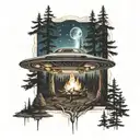 A UFO hovering over a serene forest scene, with a campfire below tattoo design idea
