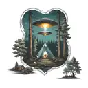 A UFO hovering over a serene forest scene, with a campfire below tattoo design idea