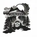 A UFO hovering over a serene forest scene, with a campfire below tattoo design idea