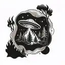 A UFO hovering over a serene forest scene, with a campfire below tattoo design idea
