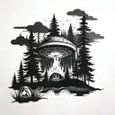 A UFO hovering over a serene forest scene, with a campfire below tattoo design idea