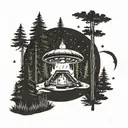 A UFO hovering over a serene forest scene, with a campfire below tattoo design idea