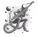 A futuristic alien saxophonist floating in zero gravity with planets as musical notes tattoo design idea