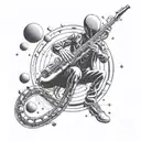 A futuristic alien saxophonist floating in zero gravity with planets as musical notes tattoo design idea