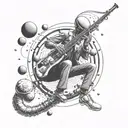 A futuristic alien saxophonist floating in zero gravity with planets as musical notes tattoo design idea