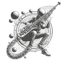 A futuristic alien saxophonist floating in zero gravity with planets as musical notes tattoo design idea