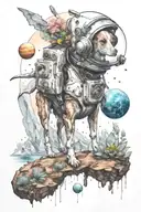 A small astronaut whippet exploring an alien planet landscape with towering crystal formations and small glowing flora tattoo design idea