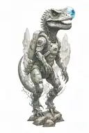 A small astronaut dinosaur exploring an alien planet landscape with towering crystal formations and small glowing flora tattoo design idea