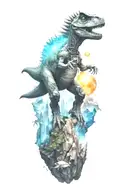 A small astronaut dinosaur exploring an alien planet landscape with towering crystal formations and small glowing flora tattoo design idea