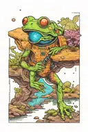 An astronaut frog exploring an alien planet landscape with a neon lake, tall crystal structures and small glowing flora tattoo design idea