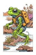 An astronaut frog exploring an alien planet landscape with a neon lake, tall crystal structures and small glowing flora tattoo design idea