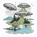 A camper gazing up at a UFO in the night sky over a mountain lake tattoo design idea