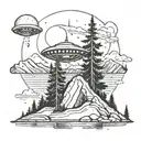 A camper gazing up at a UFO in the night sky over a mountain lake tattoo design idea