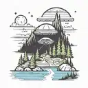A camper gazing up at a UFO in the night sky over a mountain lake tattoo design idea