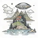 A camper gazing up at a UFO in the night sky over a mountain lake tattoo design idea