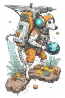 A small astronaut whippet exploring an alien planet landscape with towering crystal formations and small glowing flora tattoo design idea