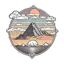 A mountain range silhouetted against a colorful sunset, with a hidden UFO flying overhead tattoo design idea