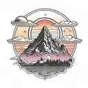 A mountain range silhouetted against a colorful sunset, with a hidden UFO flying overhead tattoo design idea