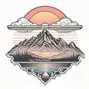 A mountain range silhouetted against a colorful sunset, with a hidden UFO flying overhead tattoo design idea