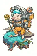 An small astronaut pig exploring an alien planet landscape with a neon lake and small glowing flora tattoo design idea