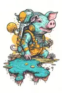 An small astronaut pig exploring an alien planet landscape with a neon lake and small glowing flora tattoo design idea