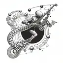 A futuristic alien saxophonist floating in zero gravity with planets as musical notes tattoo design idea