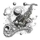 A futuristic alien saxophonist floating in zero gravity with planets as musical notes tattoo design idea