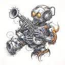 Create a black-grey tattoo of a robot playing a saxophone on an alien planet landscape tattoo design idea