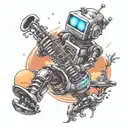 Create a black-grey tattoo of a robot playing a saxophone on an alien planet landscape tattoo design idea