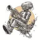 Create a black-grey tattoo of a robot playing a saxophone on an alien planet landscape tattoo design idea