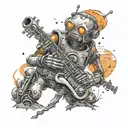 Create a black-grey tattoo of a robot playing a saxophone on an alien planet landscape tattoo design idea