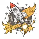 A neotraditional design of a rocket blasting off towards a crescent moon surrounded by twinkling stars tattoo design idea