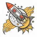 A neotraditional design of a rocket blasting off towards a crescent moon surrounded by twinkling stars tattoo design idea