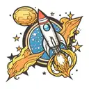 A neotraditional design of a rocket blasting off towards a crescent moon surrounded by twinkling stars tattoo design idea