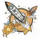 A neotraditional design of a rocket blasting off towards a crescent moon surrounded by twinkling stars tattoo design idea