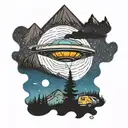 A camper gazing up at a UFO in the night sky over a mountain lake tattoo design idea