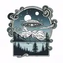 A camper gazing up at a UFO in the night sky over a mountain lake tattoo design idea