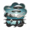 A camper gazing up at a UFO in the night sky over a mountain lake tattoo design idea