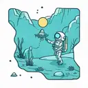 An astronaut frog exploring an alien planet landscape with towering crystal formations and glowing flora tattoo design idea