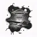 A UFO hovering over a farm at night, with mysterious lights beaming down onto a field of cows tattoo design idea