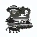 A UFO hovering over a farm at night, with mysterious lights beaming down onto a field of cows tattoo design idea