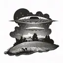 A UFO hovering over a farm at night, with mysterious lights beaming down onto a field of cows tattoo design idea