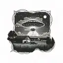 A UFO hovering over a farm at night, with mysterious lights beaming down onto a field of cows tattoo design idea