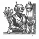 Design a robot bartender mixing cocktails in a space-themed jazz bar tattoo design idea
