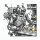 Design a robot bartender mixing cocktails in a space-themed jazz bar tattoo design idea