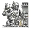 Design a robot bartender mixing cocktails in a space-themed jazz bar tattoo design idea